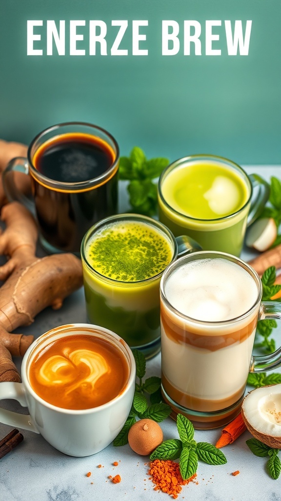 7 Energizing Brew Recipes A collection of energizing brews including espresso, matcha latte, iced coffee, and herbal tea, arranged with fresh ingredients.